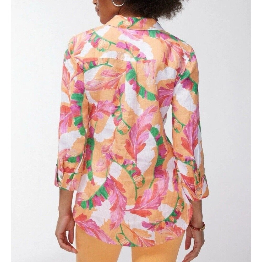 Chicos Shirt Women 1 US 8 Orange Pink Foliage Floral No Iron Linen 3/4 Sleeve - Picture 2 of 9